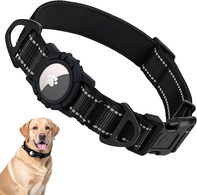 Taglory AirTag Dog Collar with Waterproof Holder for Large Dogs, Black, L | Reflective for Night Walks & Low-Light Safety, Track Your Pup Peace of Mind, Adjustable Soft Padded, No More Dangling Tags