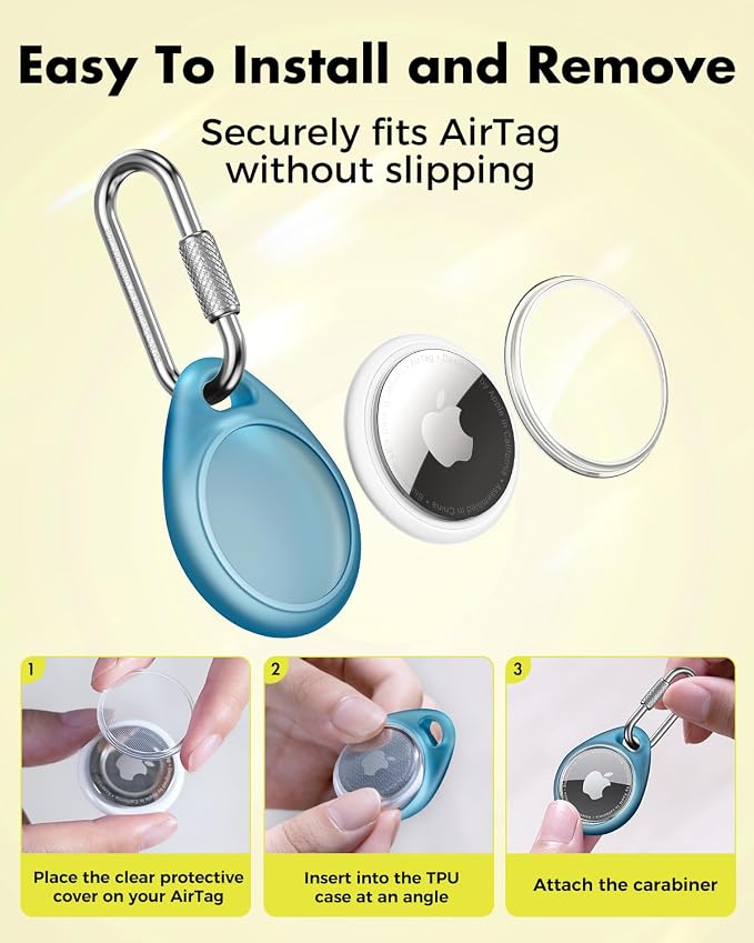 UNBREAKcable for AirTag Holder Case with Professional Carabiner, 4 Pack | Waterproof, Shockproof, Hold Securely, Easy to Install, Protective AirTag Keychain for Keys, Pets, Luggage-4 Trans Colors