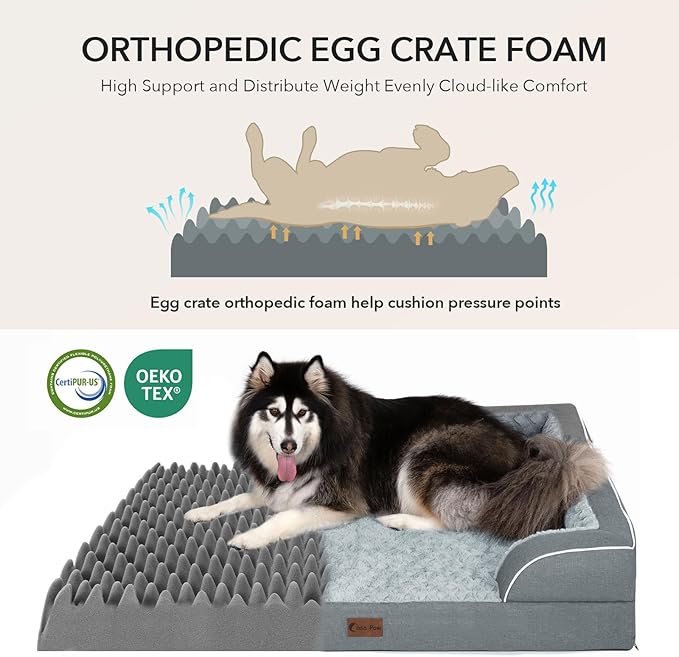 Orthopedic XXL Dog Beds, Waterproof Memory Foam Big Bolster Pet Bed for Extra Large Sized Dogs 53x42Inch, Non-Slip Bottom and Egg-Crate Foam Dog Couch Bed with Washable Removable Cover, Grey