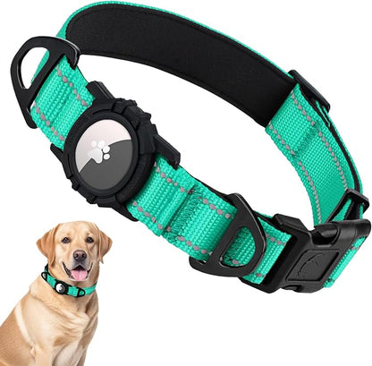 Taglory AirTag Dog Collar with Waterproof Holder for Large Dogs, Turquoise | Reflective for Night Walks & Low-Light Safety, Track Your Pup Peace of Mind, Adjustable Soft Padded, No More Dangling Tags, L