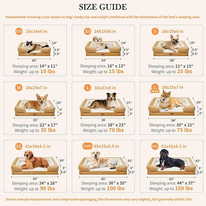 Comfort Expression Orthopedic Dog Bed for Extra Large Dogs 45x35 Inch, Waterproof Supportive Egg Crate Foam XL Pet Bed with Removable Bolsters, Dog Couch with Washable Cover & Non-Slip Bottom, Caramel