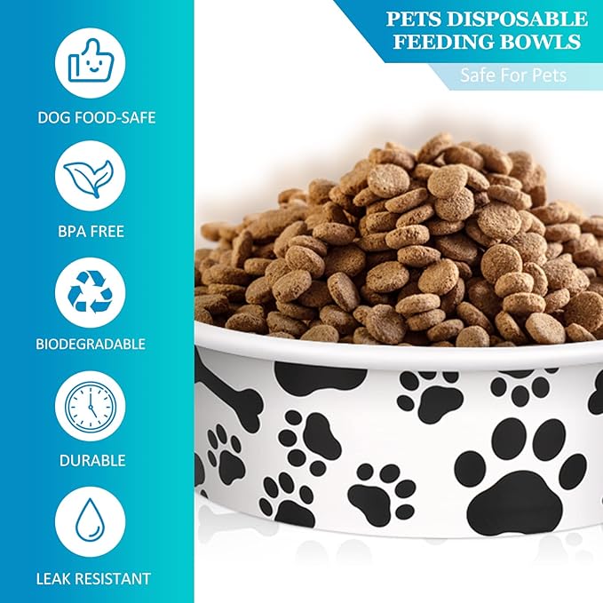 Whaline 50Pcs Pets Disposable Feeding Bowls 16 oz 2 Cup Black White Cute Design Paper Dog Cat Bowls Bulk Bone and Paw Pattern Pets Travel Bowl Serving Water Food Tray for Puppy Kitten Small Dogs Cats