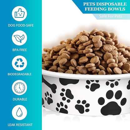 Whaline 50Pcs Pets Disposable Feeding Bowls 16 oz 2 Cup Black White Cute Design Paper Dog Cat Bowls Bulk Bone and Paw Pattern Pets Travel Bowl Serving Water Food Tray for Puppy Kitten Small Dogs Cats