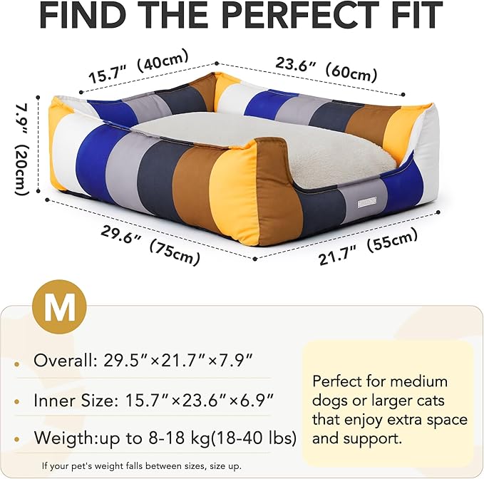 PETNOVO Large Dog Bed with Washable Removable Cover, Reversible All-Season Cushion, Non-Slip Base, Rainbow Pattern, Eco Gift Box, 29.5 × 21.7 × 7.9 in