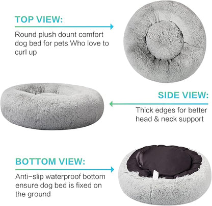 SAVFOX 36 inches Calming Donut Dog Bed - 3X Durable Plush Faux Fur, Machine Washable & Non-Slip, Fits up to 100 lbs, Light Grey