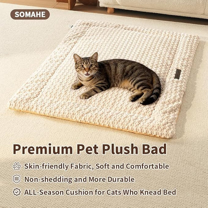 Plush Cat Kneading Bed Mat, Premium Plush Fabric Bed with Non-Slip Bottom, 3cm Thick All-Season Cushion for Cats Who Knead, Machine Washable Anti-Static Pet Bed, 23x15 Inch, Milk