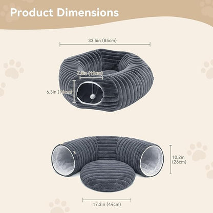 Dogpals Ultra-Soft Cat Tunnel Bed - Soft Washable Cushion, Peekaboo Hideaway Cave for Indoor Cats, Kittens, Puppies, and Rabbits - Deluxe Upgraded with Luxurious Striped Hare-Feel Fabric (Deep Grey)