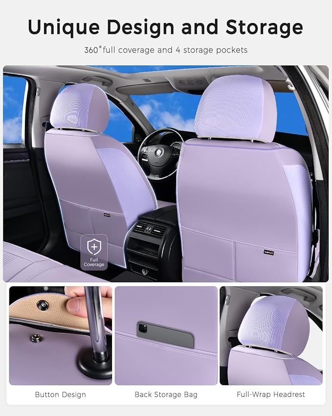 Huidasource Purple Seat Covers, Nappa Leather Car Seat Covers with Lumbar Support, Ventilation Holes, Velcro Adjustable, Airbag, Full-Coverage Seat Covers, Fit for Most Cars SUV Trucks, Purple
