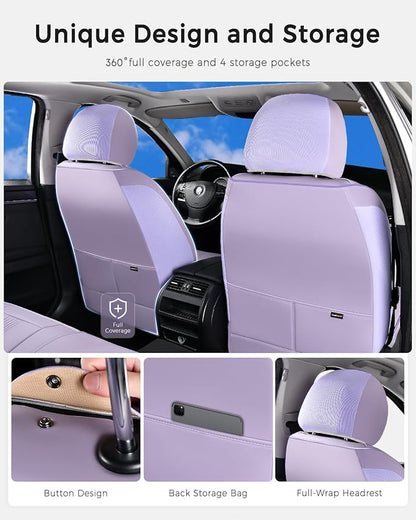 Huidasource Purple Seat Covers, Nappa Leather Car Seat Covers with Lumbar Support, Ventilation Holes, Velcro Adjustable, Airbag, Full-Coverage Seat Covers, Fit for Most Cars SUV Trucks, Purple