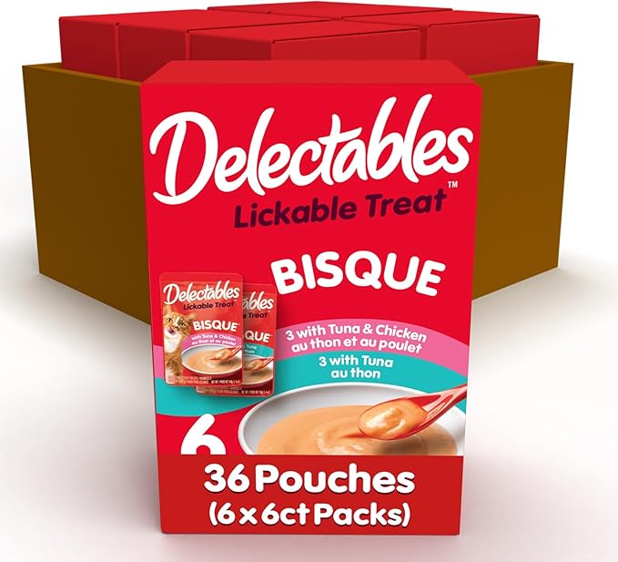 Delectables Lickable Treat Bisque Wet Cat Treat Variety, Food Topper, Hydrating, Grain-Free, No Fillers, By-Products, Added Preservatives, 1.4oz Pouch 36ct