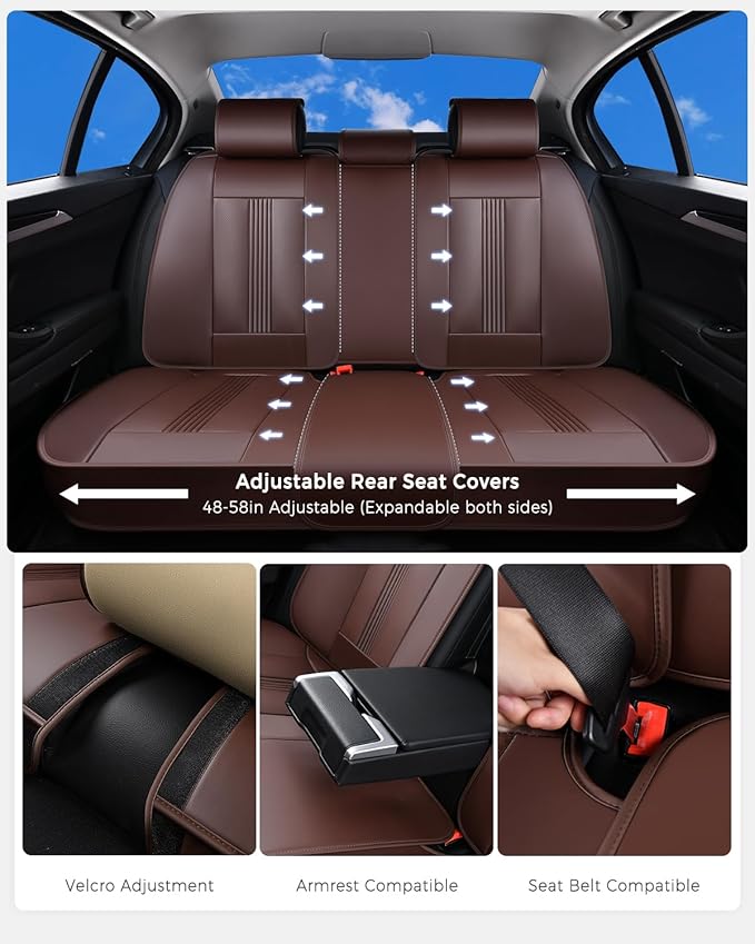 Huidasource Brown Back Seat Cover, Nappa Leather Rear Seat Cover with Ventilation Holes, Velcro Adjustable, Compatible with Armrests, Seat belts, Child Safety Seats, Fit for Most Cars SUV Truck, Brown