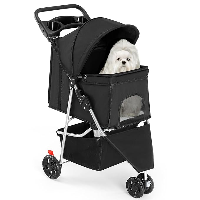 Smug 3 Wheels Pet Stroller, Dog and Cat Strollers, Storage Basket and Cup Holder, Breathable Mesh, Lightweight Travel Carrier, Waterproof and Foldable for Small Pets Outdoor Walk, Black