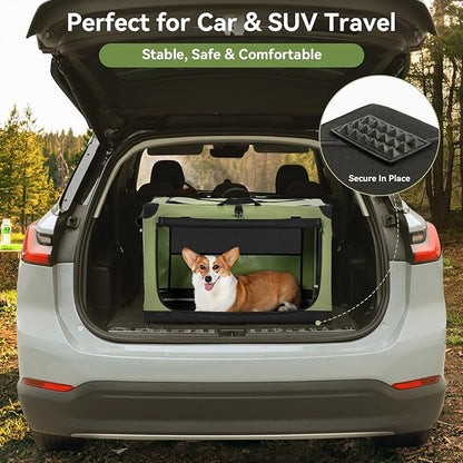 PETSFIT 26" Soft Portable Dog Crate – Patented Spiral Sturdy Frame, Collapsible Travel Kennel for Small Dogs, 3 Mesh Door, Lockable Zippers, Indoor & Car Use Green