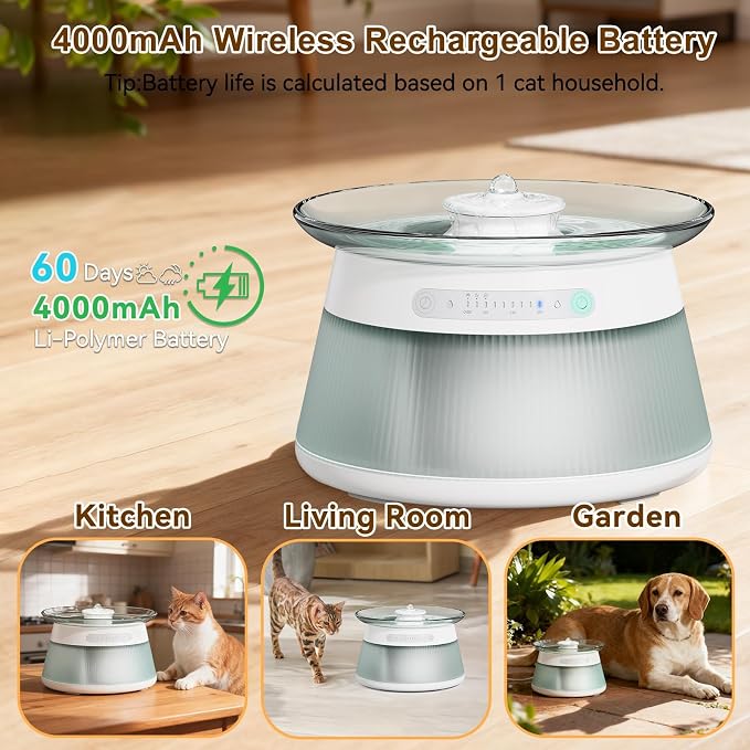 Glass Smart Cat Water Fountain Filterless | Pet Drinking Water Fountain Bowl No Filter, Battery Operated Cat Water Fountain