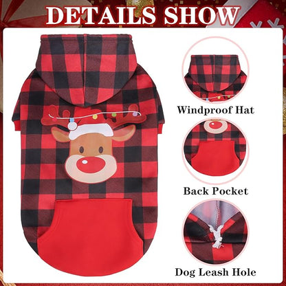 EXPAWLORER Plaid Dog Hoodie - British Style Warm Dog Sweater Shirt with Leash Hole,Pitbull Clothes Outfits,Winter Coat for All Breeds Puppy Girl Boy-Cat Apparel,Christmas Buffalo Check Medium