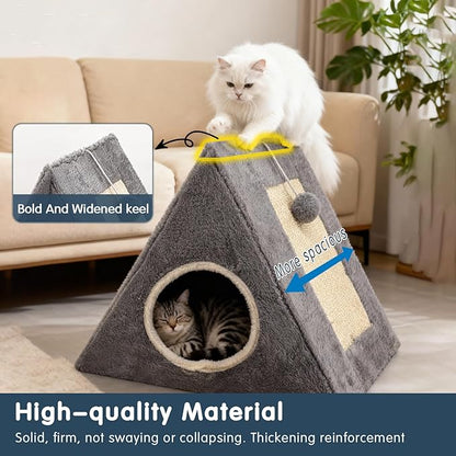 Cat Beds for Indoor - 2 in 1 Cat Cave House Tent for Kittens and Small Pets with Fluffy Ball Hanging and Scratch Pad,Foldable Kitten Hideaway with Non-Slip Bottom, Grey, 17 inches