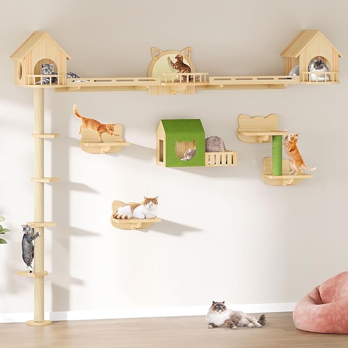 YITAHOME Cat Wall Shelves with Scratching Post, Cat Tower with Solid Wood Wall Shelves, Multi-Level Cat Climbing Furniture with Hideout & Runway