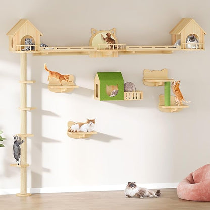 YITAHOME Cat Wall Shelves with Scratching Post, Cat Tower with Solid Wood Wall Shelves, Multi-Level Cat Climbing Furniture with Hideout & Runway