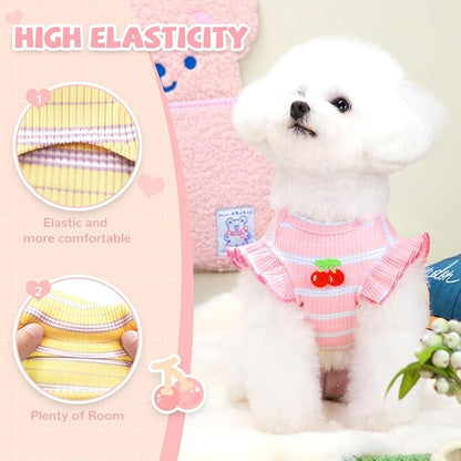 2 Pack Striped Dog T Shirt Cute Cherry Girl Dog Clothes for Small Dogs Cats Breathable Soft Cotton Pet Puppy Sleeveless Vest Spring Summer Pet Outfits（Pink+Yellow,Small）