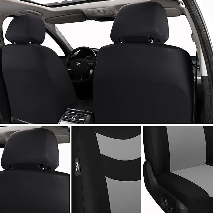 Universal Car Seat Covers for Front Seats, Cloth Front Car Seat Cover, Easy to Install, Breathable and Washable Universal Interior Covers for Auto, SUV, Sedan, Van, Airbag Compatible, Black & Grey
