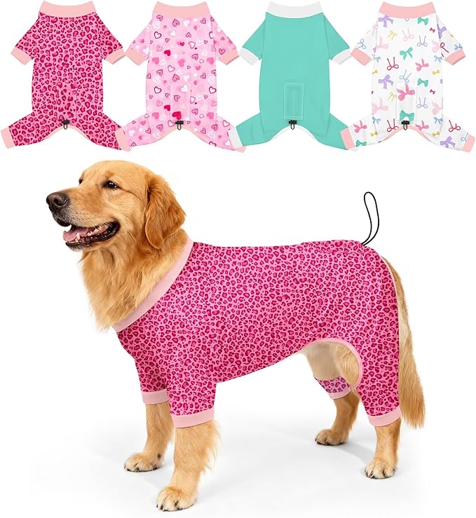 Bienbee Dog Pajamas, 4 Pack Dog Recovery Suit Shedding Suit Cute Soft Puppy Clothes Dogs Pjs Onesies Jammies Adjustable Breathable & Stretchy Clothes for Small Medium Large Dogs Girl Boy Puppy-3XL
