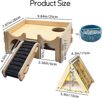 Wooden Hamster Hideout,Multi-Chamber Hamster House with Stair,Small Animal Explore Hide Hut Habitats Decor Accessories for Rat,Gerbil, Dwarf Hamsters, Mice