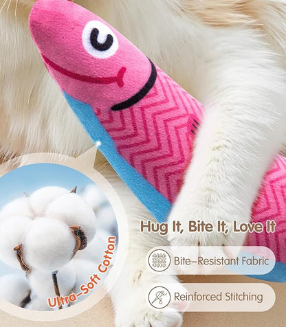 PetBusy Cat Toys with[5000mg A+Natural Catnip &Silvervine] [Baby Grade] Interactive Soft Chew Kicker Cat Toys for Indoor Cats & Kittens, [Crinkle &Bell] Fish Sound Toy, Drives Bored Cat Crazy with Fun