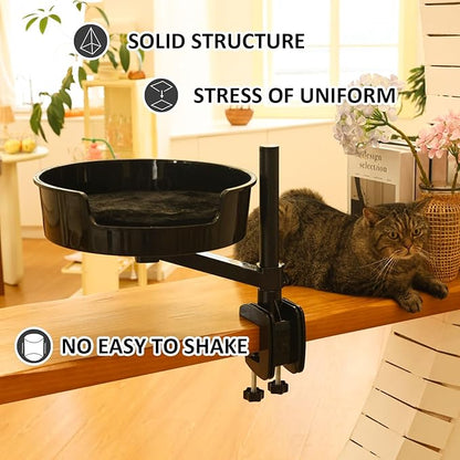 Cat Bed Desk with Pet Mat, Cat Hammock for Desk with Bowl, 360° Rotation and Adjustable Height, Black
