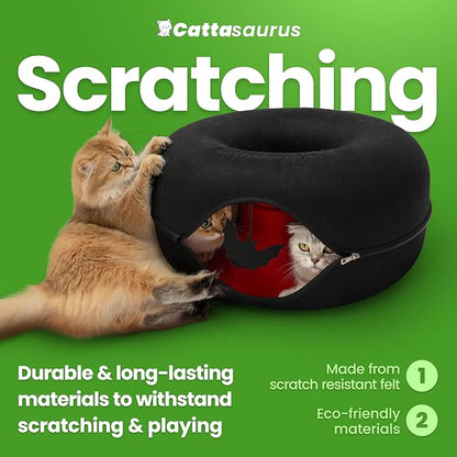 Cattasaurus Unique Peekaboo Cat Cave for Multiple & Large Cats Up to 30-45 Lbs, Scratch Detachable & Washable Tunnel Bed, Gothic Bat Donut Cat Cave (Duo Large Set)