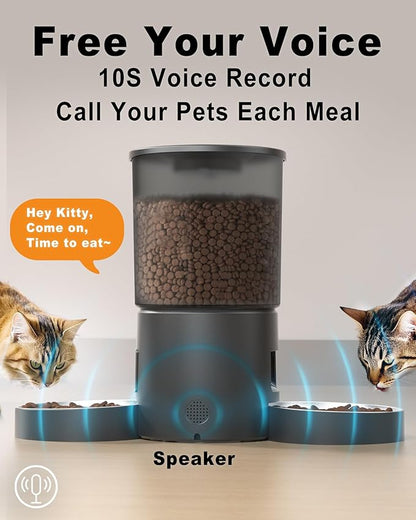 Automatic Cat Feeder 2 Cats, 4.2L Dry Food Auto Dispenser with Double Bowls,Dual Power Supply,Programmable Portion Control,10s Voice Recorder(Black,Stainless Steel Bowls) (Transparent+Black)