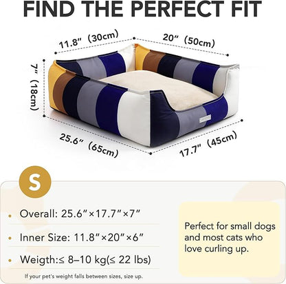 PETNOVO Dog Bed Small Dogs – Removable Washable Cover, Reversible Fleece Cushion, Non-Slip Bottom, Colorful Rainbow Pattern, Gift Box, 25.6 × 17.7 × 7.1 in