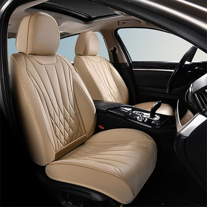 FLORICH Universal Seat Covers Full Set, 5 Seats Leather Seat Covers for Cars, Waterproof & Breathable Nappa Leather Car Seat Protector Fit for Most Cars - Beige