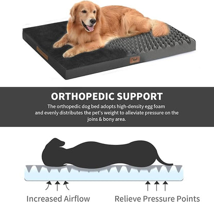 Flat Extra Large Dog Bed, Jumbo Waterproof Dog Bed for Large Dogs, Orthopedic Egg Crate Foam Pet Mat with Removable Washable Cover, Black
