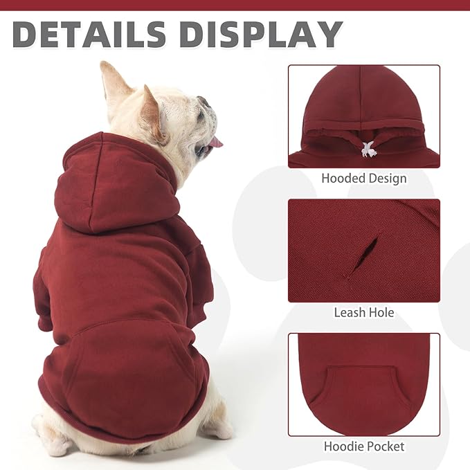 KOOLTAIL Dog Hoodie for Large Medium Small Dogs,Soft&Warm Pet Sweater with Leash Hole and Pocket Boy Girl,Puppy Fall Winter Jacket Clothes,French Pitbull Cold Weather Coat Sweatshirt,Deep Red S