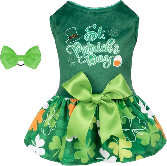 CuteBone St.Patrick's Day Dog Green Dress Velvet for Small Dogs Girl Puppy Dresses Clover Dog Clothes CVA13M-D