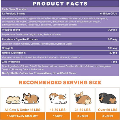 NATURE TARGET Probiotics for Dogs, 6 Billion CFUs, Freeze Dried Dog Probiotics with Prebiotics & Enzymes for Diarrhea, Gas, Vitamins & Omega 3 for Skin & Immune Health, Allergy Itch Relief, 180 Count