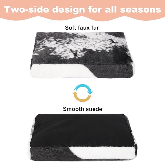 Bedfolks Plush Waterproof Dog Crate Bed - Removable Washable Cover, Faux Fur, 29"x21", Black-White Cowhide