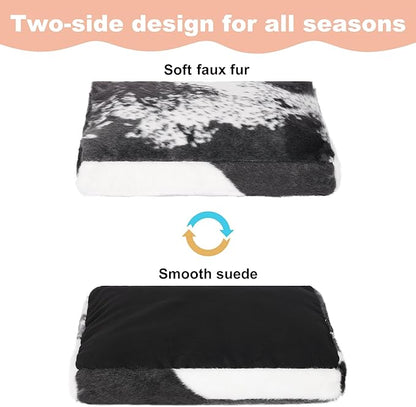 Bedfolks Waterproof Crate Bed, Plush Dog & Cat Bed with Removable Washable Cover, Faux Fur Kennel Pad, 21"x13", Black-White Cowhide