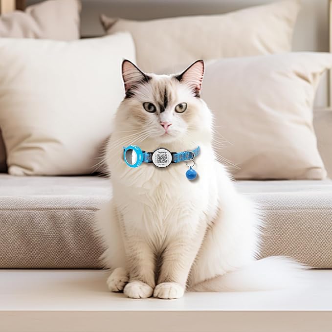 Waterproof Breakaway Cat Collar with Paw Prints - Secure Apple AirTag Holder, Smart QR Code Tag for Instant Location Alerts (No App), Adjustable GPS Tracker Collar for Cats (Pink)