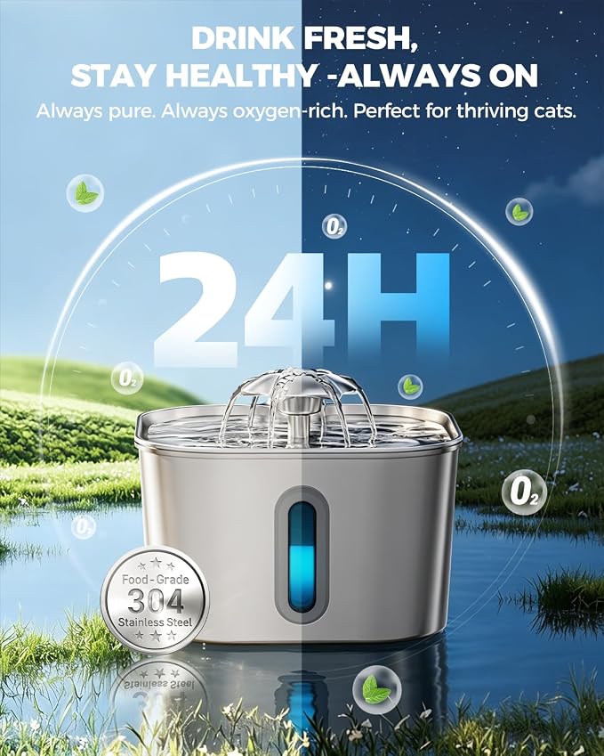 Cat Water Fountain Stainless Steel 74oz/2.2L with 6 Filters & 6 Sponges | Pet Water Dispenser-Indoor Cats Automatic Silent Fountains for Drinking-Metal Small Dog Watering Bowls-Gifts for Kitty Animal