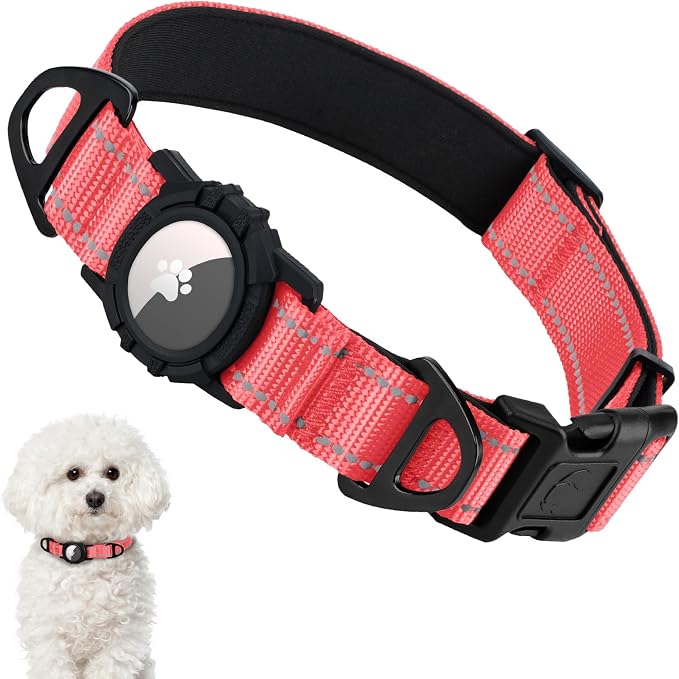 Taglory AirTag Dog Collar with Waterproof Holder for Small Dogs, Baby Pink | Reflective for Night Walks & Low-Light Safety, Track Your Pup Peace of Mind, Adjustable Soft Padded, No More Dangling Tags S