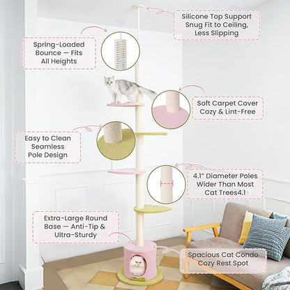 Max & Marlow Cat Tree Floor to Ceiling Cat Tower Height 95-108" Adjustable Kitten Tree Tall Climbing Tree with Carpet Scratching Post and Mat Cat Pole for Indoor Cats, Pink