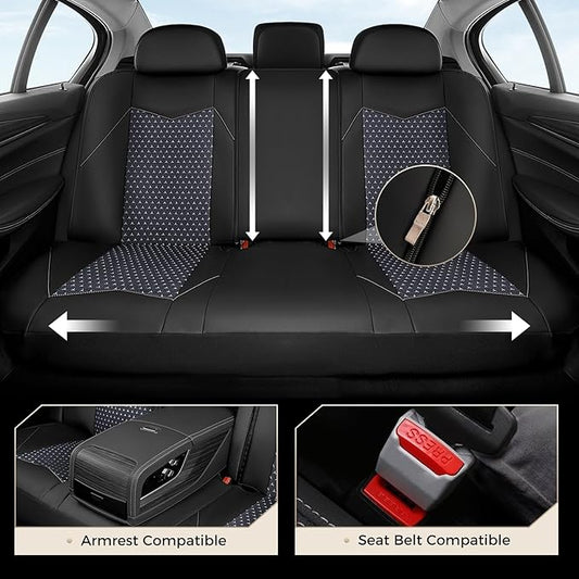 Coverado Car Seat Covers 5 Seats, PU Leather Seat Covers Fullset, Printed Breathable Mesh Design, Front and Rear Car Seat Protectors, Luxury Automotive Seat Covers Universal Fit for Most Cars, Black