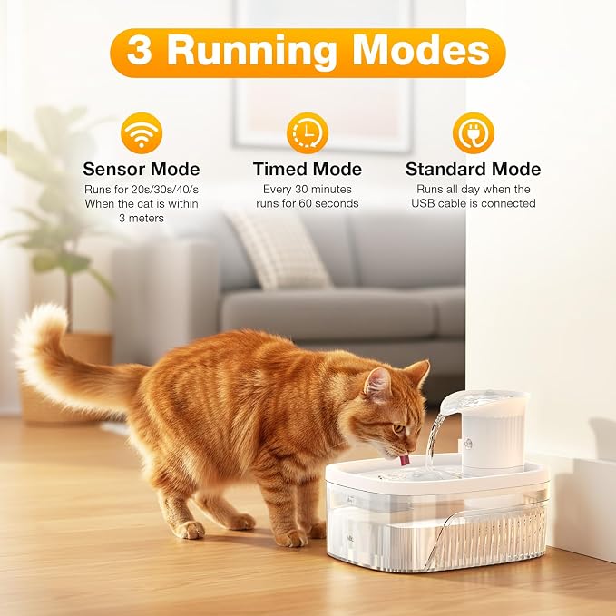 Cat Water Fountain, 85oz/2.5L Large Capacity Cordless Cat Water Fountain | Smart Motion Sensor & Timer Flow,3 Filter Cartridges, Wireless Pet Water Fountains for Cats Indoor (White)