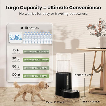 CZPET Dog Water Bowl Dispenser 9.5L, Wider Mouth Gravity Refilling (Black) | With Stainless Steel Bowl Gravity Waterer, Large Capacity and Drinking Area Noise-Free for Pets