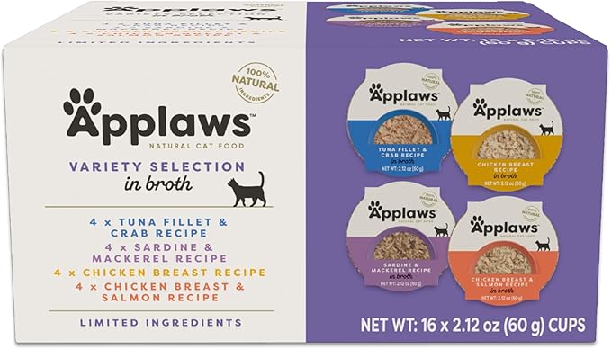 Applaws Natural Wet Cat Food in Broth, Limited and Natural Ingredients, High Protein with No Artificial Additives, Variety Selection Broth (16 x 2.12 oz Easy-Open Cups)
