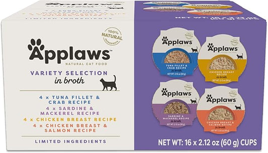 Applaws Natural Wet Cat Food in Broth, Limited and Natural Ingredients, High Protein with No Artificial Additives, Variety Selection Broth (16 x 2.12 oz Easy-Open Cups)