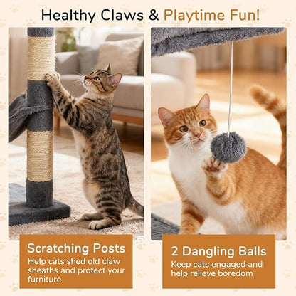 DORTALA Cat Tree for Indoor Cats, 44" Modern Cat Tower with Top Perch, Condo, Hammock, Sisal Scratching Posts, Dangling Balls, Platforms, Multi-Level Pet Climbing Furniture Playground (Grey)
