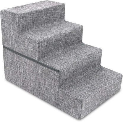 Best Pet Supplies Round Bed for Pet, 4-Step Pet Stair, Grey Linen (Foldable)