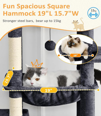 ABCPET Cat Tree Large Cat Tower Tree 68" Multi-Level Cat Tower for Indoor Cats with Sisal Scratching Posts, Widen Cat Perche, Square Hammock, 2 Widen Condos, Scratching Posts, Grey